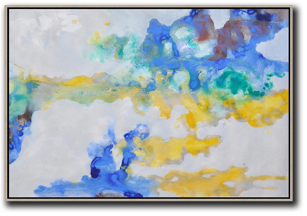 Handmade Extra Large Contemporary Painting,Hand Painted Horizontal Abstract Oil Painting On Canvas,Canvas Artwork For Sale,Grey,Yellow,Blue.etc